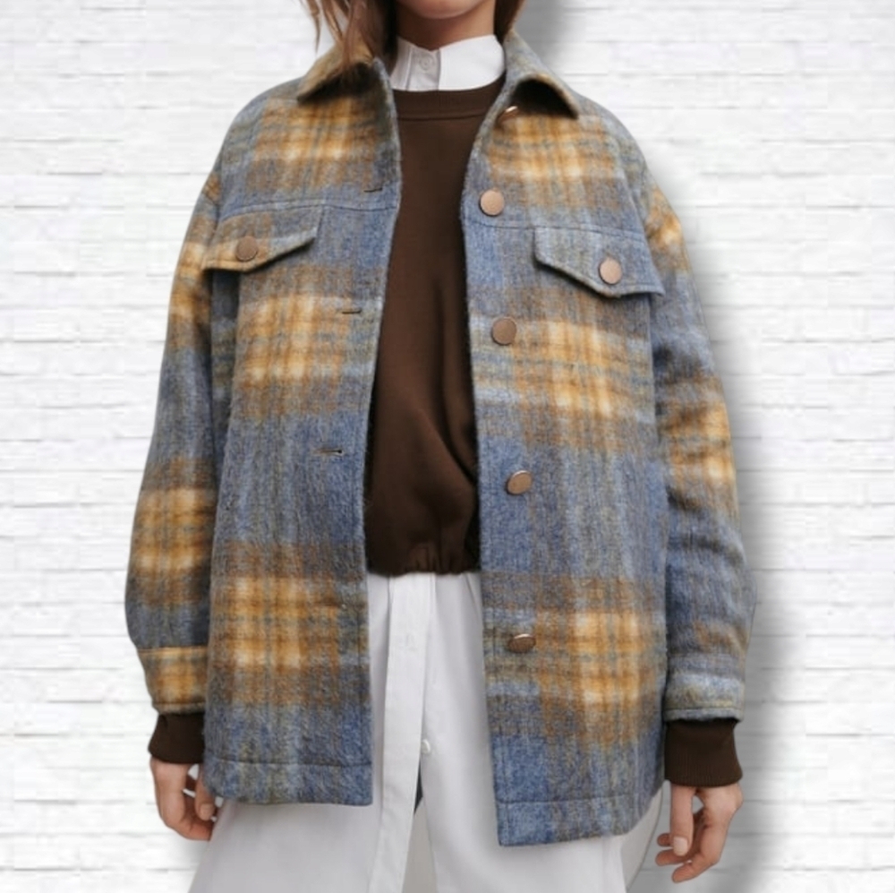 Zara Blue and Mustard Plaid Wool Shacket